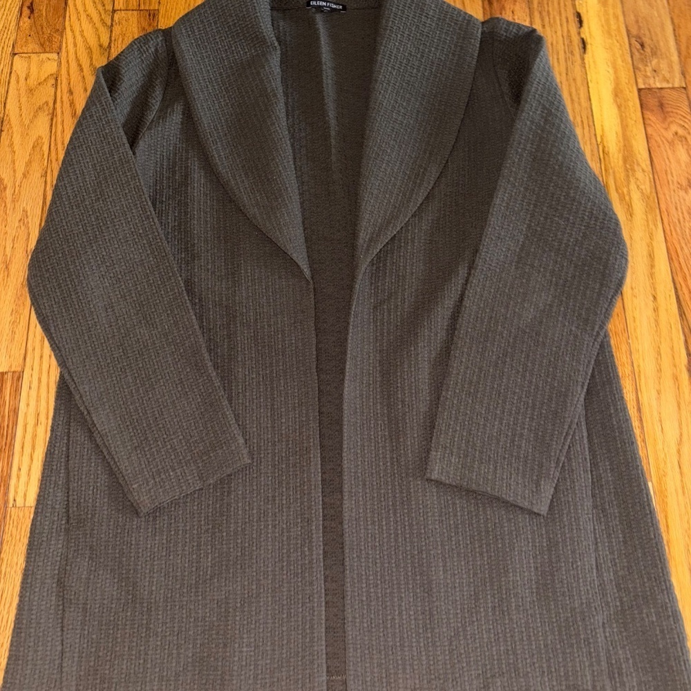 Eileen Fisher Cotton Blend Lightweight Textured Olive Open Jacket Sz Medium - Picture 11 of 12